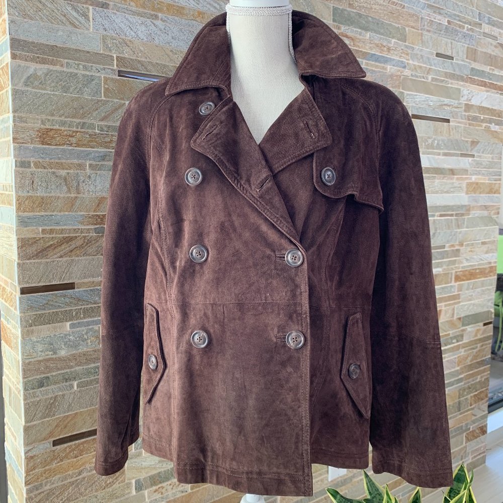 TERRY LEWIS DOUBLE BREASTED BROWN SUEDE JACKET - L